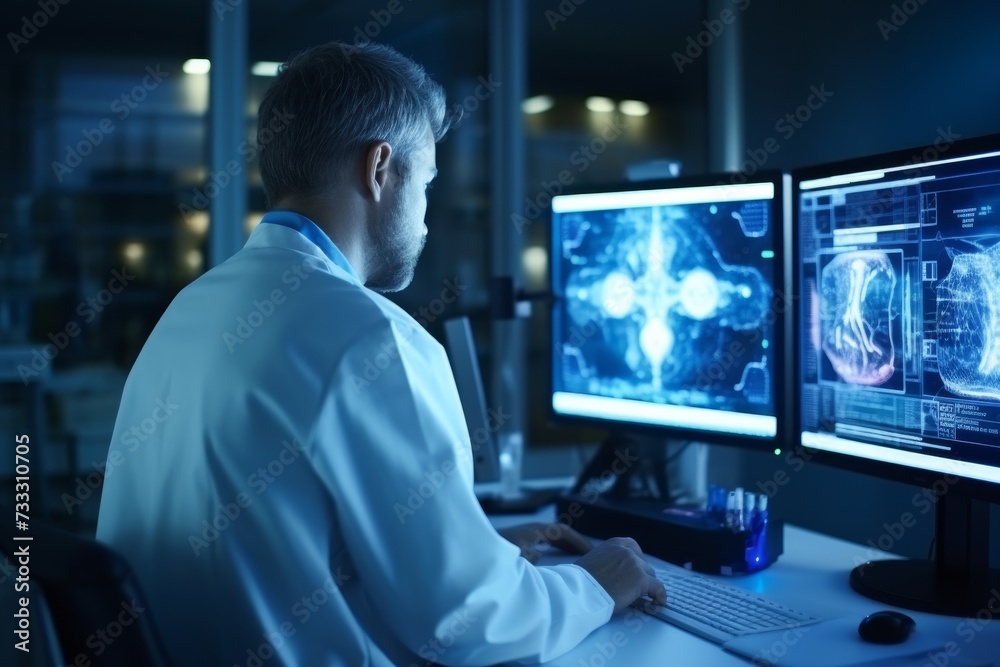 Expert neurologist carefully analyzing brain tests on high-resolution monitor at the modern hospital Expert neurologist carefully analyzing brain tests on high-resolution monitor at the modern hospital
