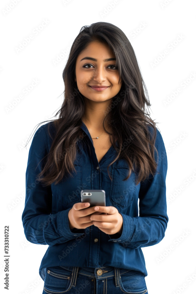 Portrait of a happy beautiful indian woman smiling and holding a smartphone or cell phone isolated on transparent background. png Portrait of a happy beautiful indian woman smiling and holding a smartphone or cell phone isolated on transparent background. png