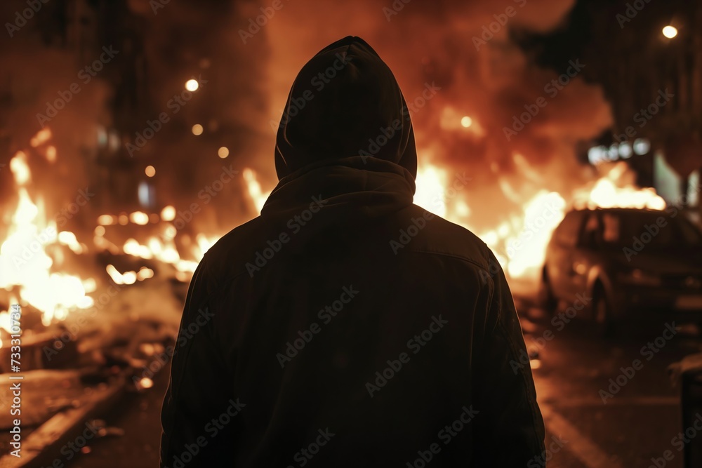 Silhouette Against the Chaos: A Lone Observer silhouette man Urban Flames at Night Silhouette Against the Chaos: A Lone Observer silhouette man Urban Flames at Night