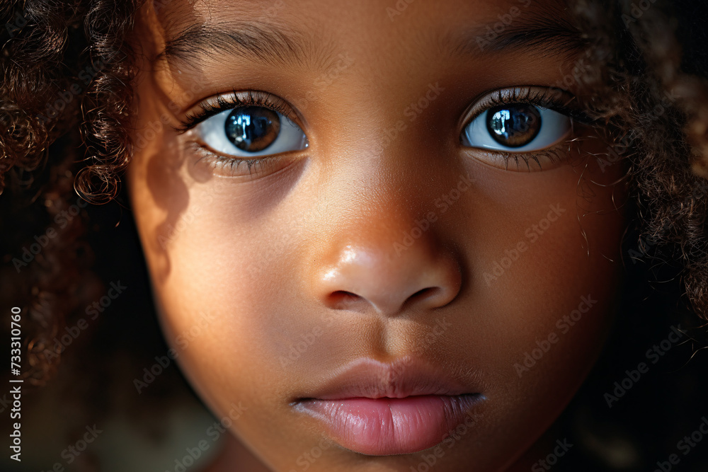 Close up of face of serious afro american girl child Close up of face of serious afro american girl child