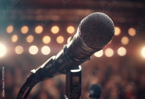 Retro microphone on a stage with bokeh lights behind