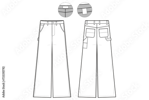 Double Knee Carpenter Pants Straight Leg Flat Technical Drawing Illustration Classic Blank Workwear Streetwear Mock-up Template for Design and Tech Packs CAD