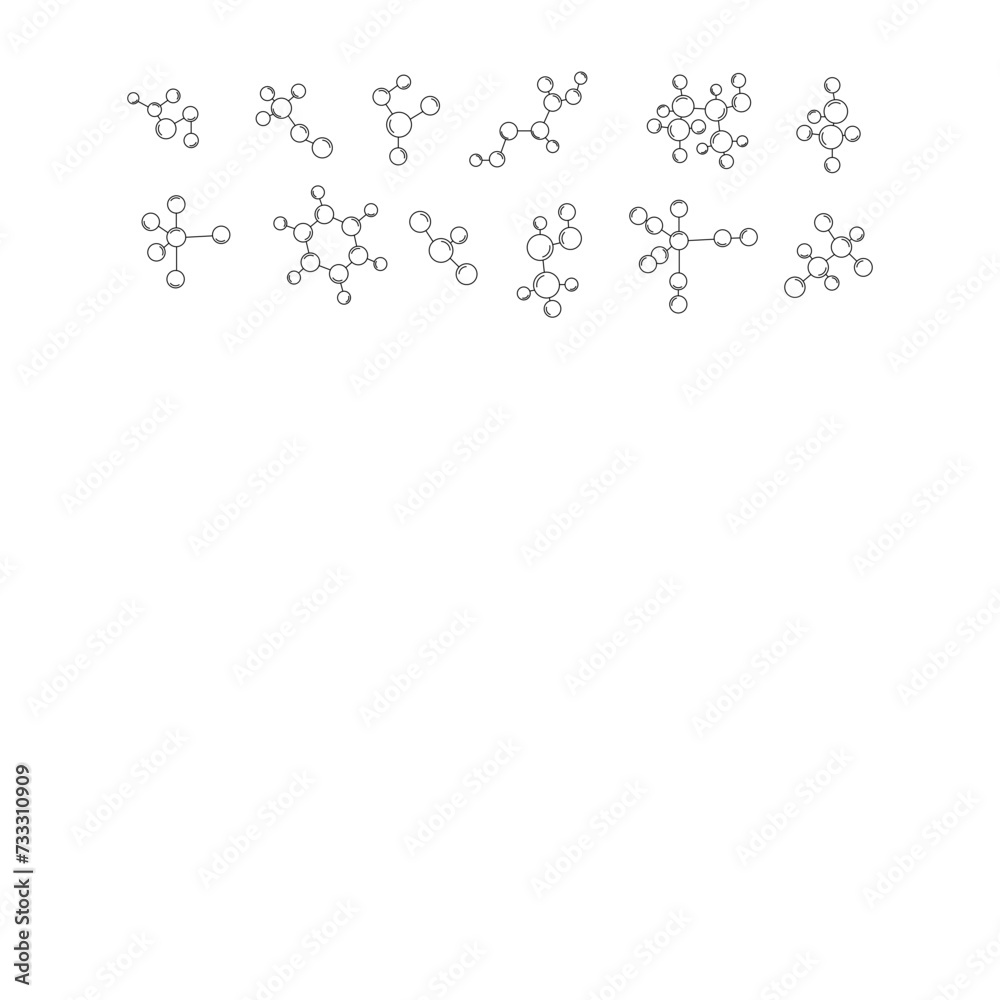Collection of different molecular model icons isolated on a white background. Groups of atoms bonded together, chemical compounds, physics, and organic chemistry elements. Modern images for websites
