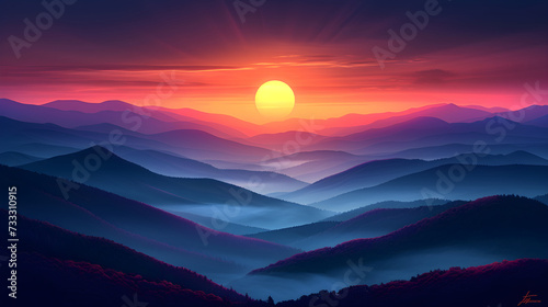 Misty mountains in the morning. Fog. Landing page, background, banner. Sunset in mountain, Urals, Alps, Andes, foggy wallpaper. Colorful, abstract