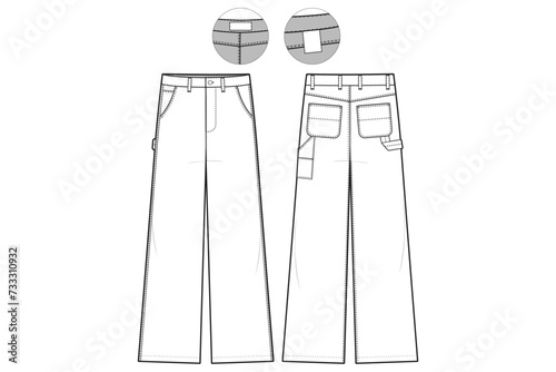 Carpenter Pants Straight Leg Flat Technical Drawing Illustration Classic Blank Workwear Streetwear Mock-up Template for Design and Tech Packs CAD