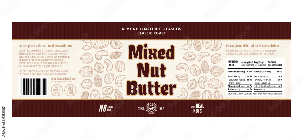 Vector mixed nut butter label. Mixed nut butter packaging design template. Almond, hazelnut, cashew Vector mixed nut butter label. Mixed nut butter packaging design template. Almond, hazelnut, cashew