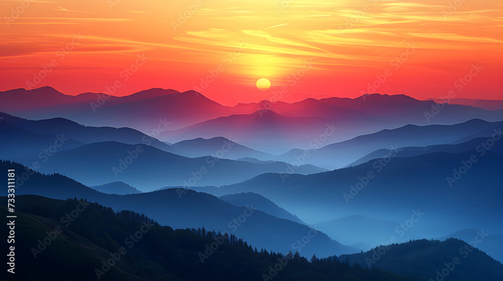 Fototapeta premium Misty mountains in the morning. Fog. Landing page, background, banner. Sunset in mountain, Urals, Alps, Andes, foggy wallpaper. Colorful, abstract