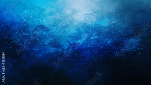A deep blue abstract painting, featuring a textured network grid and particles connected by luminous paths, evoking a sense of underwater networks.