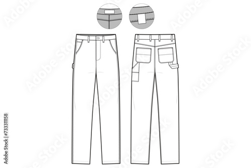 Carpenter Pants Straight Leg Flat Technical Drawing Illustration Classic Blank Workwear Streetwear Mock-up Template for Design and Tech Packs CAD
