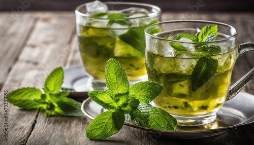 Two glasses of mint tea with a sprig of mint on the table