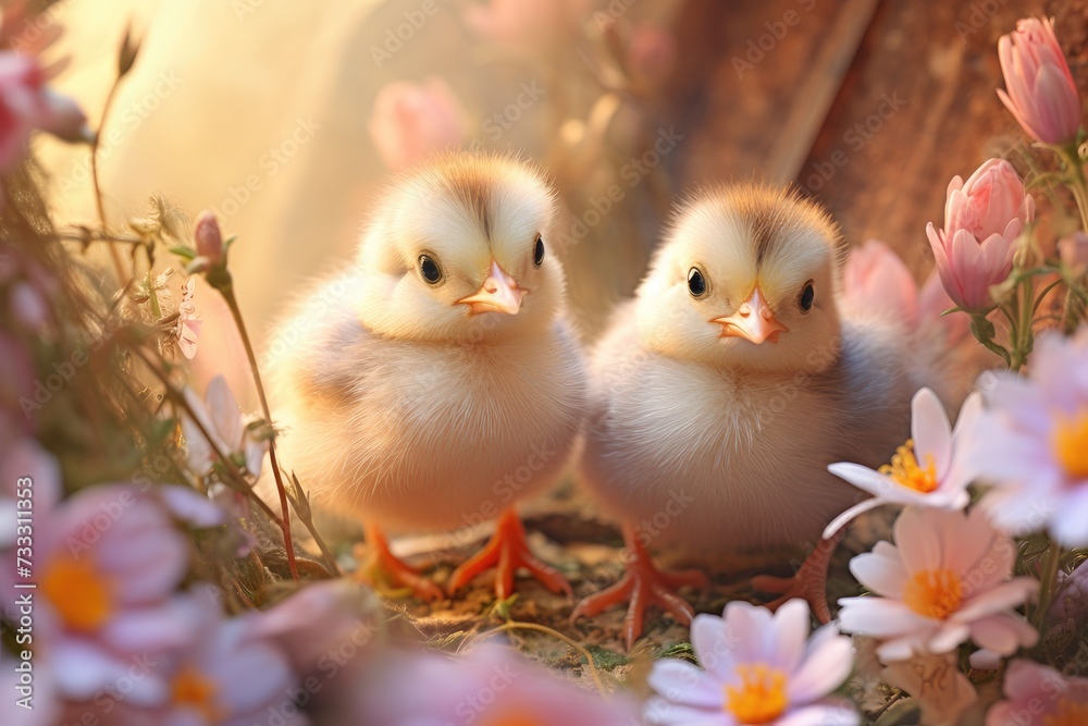 Two cute little yellow chicks and spring flowers. Spring background.