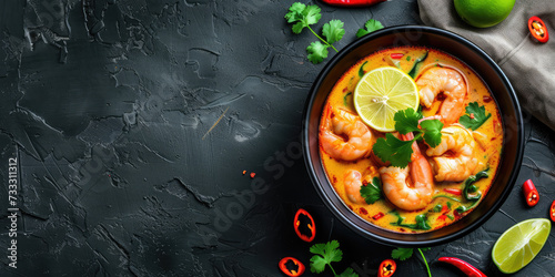 Tom Yum Goong Soup with Fresh Shrimp. Thai Tom Yum soup garnished with cilantro in a bowl.