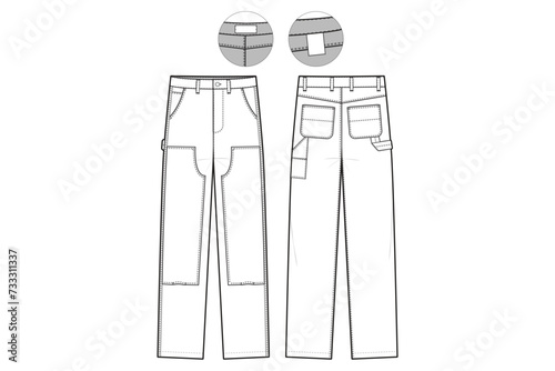 Double Knee Carpenter Pants Straight Leg Flat Technical Drawing Illustration Classic Blank Workwear Streetwear Mock-up Template for Design and Tech Packs CAD