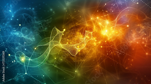 A conceptual background for science and education, featuring abstract digital elements like DNA strands and atoms interconnected with data lines.