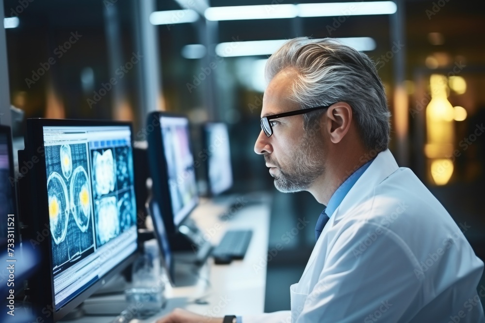 Experienced neurologist analyzing detailed brain test results on monitor at modern hospital facility Experienced neurologist analyzing detailed brain test results on monitor at modern hospital facility