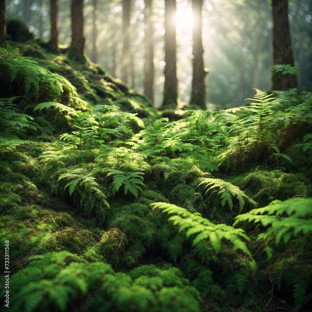 Fototapeta premium Close-up of a fern in the forest in the sun