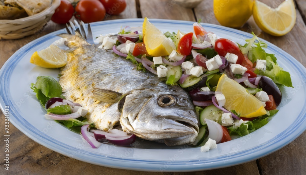 A plate of fish and vegetables on a wooden table A plate of fish and vegetables on a wooden table