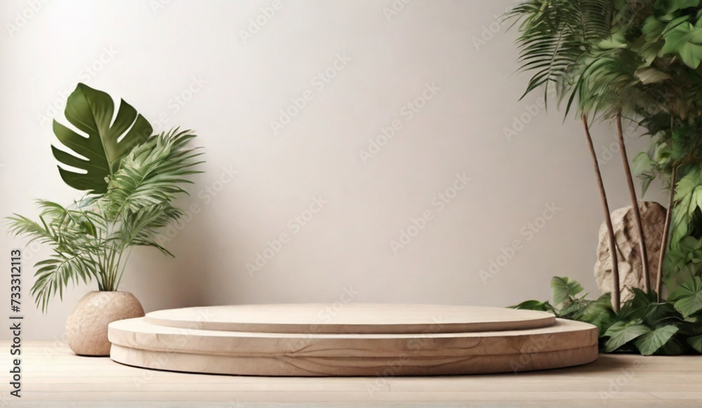 Wooden minimal style pedestal, simple round stand with green tropical plants around. Product presentation concept. Wooden minimal style pedestal, simple round stand with green tropical plants around. Product presentation concept.