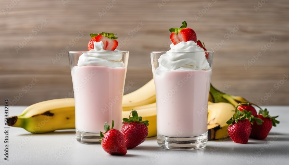 Two glasses of pink milkshake with whipped cream and strawberries Two glasses of pink milkshake with whipped cream and strawberries