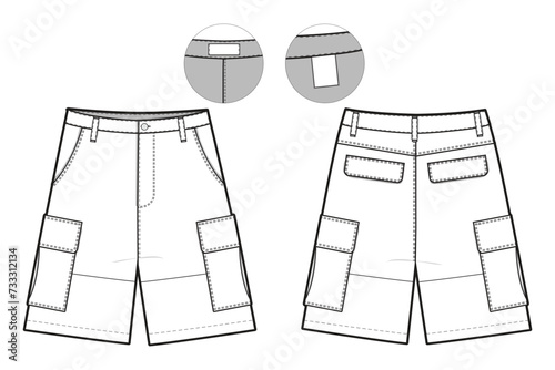 Cargo Shorts Flat Technical Drawing Illustration Five Pocket Classic Blank Streetwear Mock-up Template for Design and Tech Packs CAD Outdoor