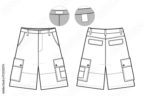 Cargo Shorts Flat Technical Drawing Illustration Five Pocket Classic Blank Streetwear Mock-up Template for Design and Tech Packs CAD Outdoor