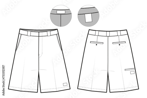 bermuda flat front chino Shorts Flat Technical Drawing Illustration Blank Streetwear Mock-up Template for Design and Tech Packs CAD Unisex khaki