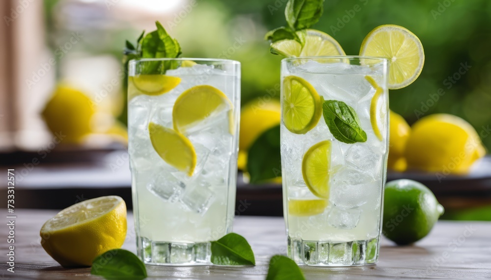 Two glasses of lemonade with lemon slices and mint leaves