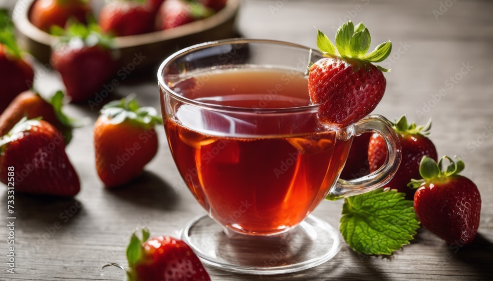 A cup of tea with strawberries on the side A cup of tea with strawberries on the side