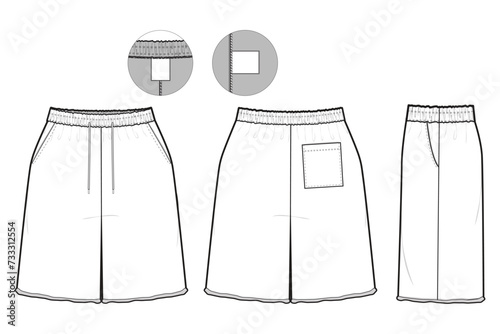 cutoff athletic Elastic Shorts Flat Technical Drawing Illustration Blank Streetwear Mock-up Template for Design and Tech Packs CAD With Back Pocket Unisex