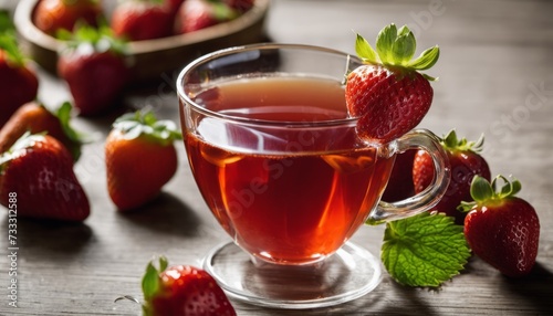 A cup of tea with strawberries on the side