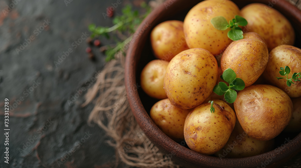 fresh raw potatoes on a dark table, top view. with copy space fresh raw potatoes on a dark table, top view. with copy space