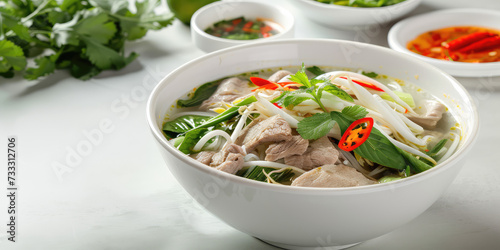 Vietnamese Pho Noodle Soup with Beef. Aromatic Vietnamese Pho with beef, herbs, and chilies in a bowl, copy space.
