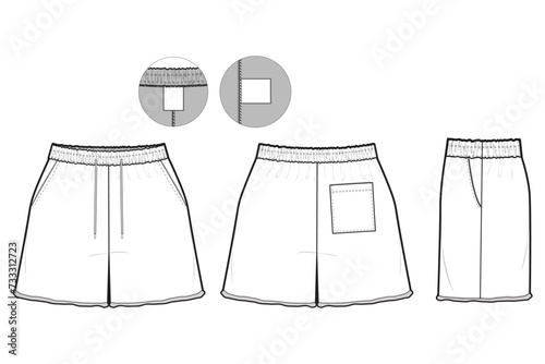 cutoff athletic Elastic Shorts Flat Technical Drawing Illustration Blank Streetwear Mock-up Template for Design and Tech Packs CAD With Back Pocket Unisex