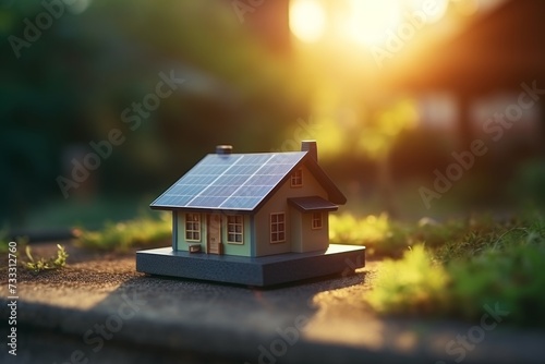 Small house model with light bulb on ground - real estate idea, eco design, green energy