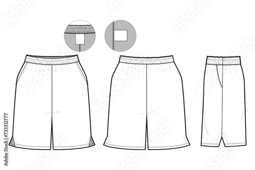vented athletic Elastic Shorts Flat Technical Drawing Illustration Blank Streetwear Mock-up Template for Design and Tech Packs CAD With Back Pocket Unisex