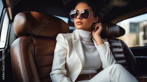 Stylish female model in white trench coat and sunglasses posing in brown luxury car © sorin
