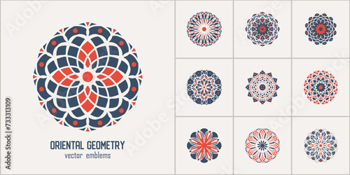 Arabic circular geometric symbols set. Vector monochrome mosaic oriental ornamental emblems for logos, patterns and design