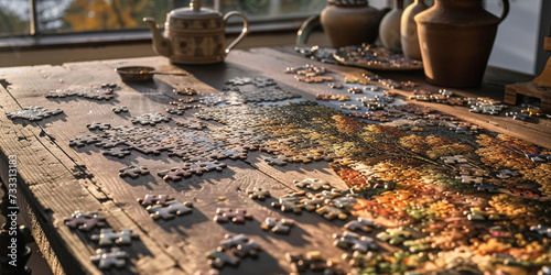 finished puzzle  spread out on a wooden table  depicting a detailed landscape  soft overhead lighting  and a few puzzle pieces scattered around  suggesting a sense of completion