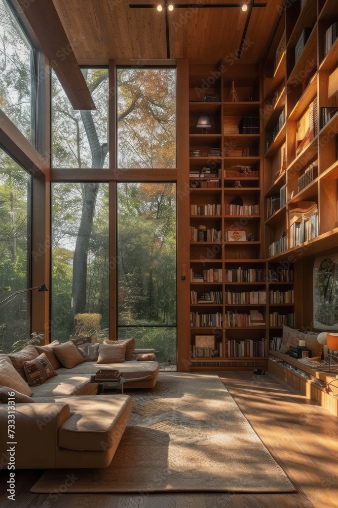 A cozy, stylish modern library with large floor-to-ceiling windows and tall cabinets full of a variety of books. Hobby, leisure and education concept A cozy, stylish modern library with large floor-to-ceiling windows and tall cabinets full of a variety of books. Hobby, leisure and education concept