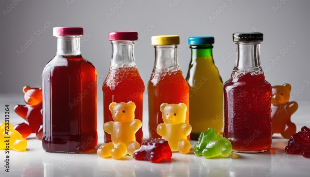 A row of bottles with candy bears in them A row of bottles with candy bears in them