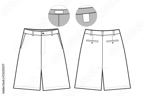bermuda flat front chino Shorts Flat Technical Drawing Illustration Blank Streetwear Mock-up Template for Design and Tech Packs CAD Unisex khaki loose baggy