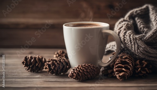 A cup of coffee with a cozy blanket and pine cones