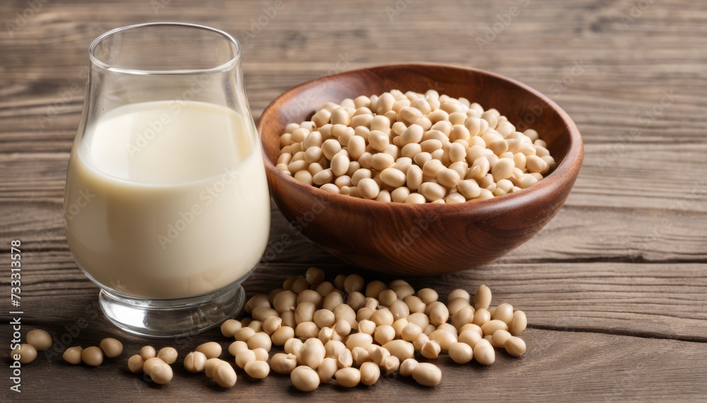 A glass of milk and a bowl of beans on a wooden table A glass of milk and a bowl of beans on a wooden table