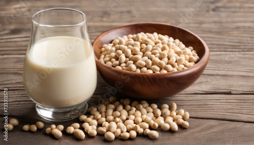A glass of milk and a bowl of beans on a wooden table