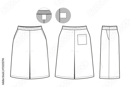 Elastic athletic Shorts Flat Technical Drawing Illustration Blank Streetwear Mock-up Template for Design and Tech Packs CAD With Back Pocket Unisex loose baggy
