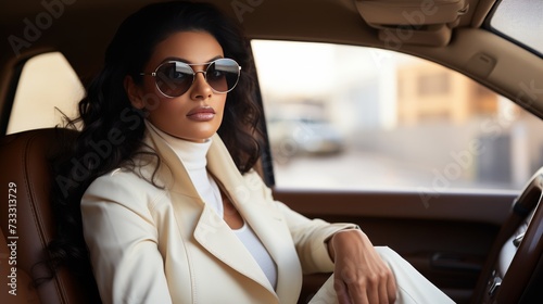 Stylish woman in white trench coat and sunglasses sitting in luxury car, high-end fashion concept