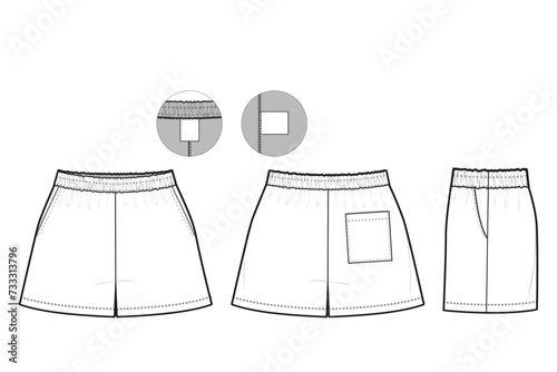Elastic athletic Shorts Flat Technical Drawing Illustration Blank Streetwear Mock-up Template for Design and Tech Packs CAD With Back Pocket Unisex	