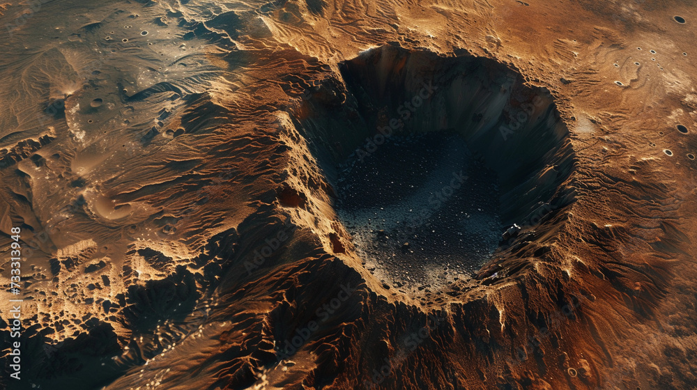Curiosity rover traversing a Martian crater, capturing the vast scale