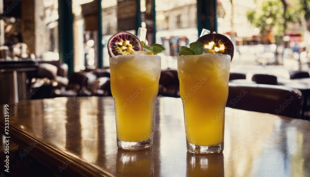 Two glasses of juice with fruit on top Two glasses of juice with fruit on top