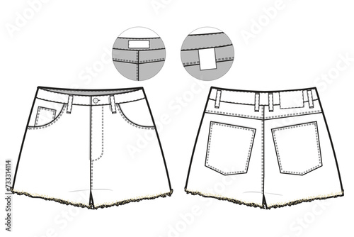 Jean Shorts Flat Technical Drawing Illustration Five Pocket Classic Blank Streetwear Mock-up Template for Design and Tech Packs CAD Denim